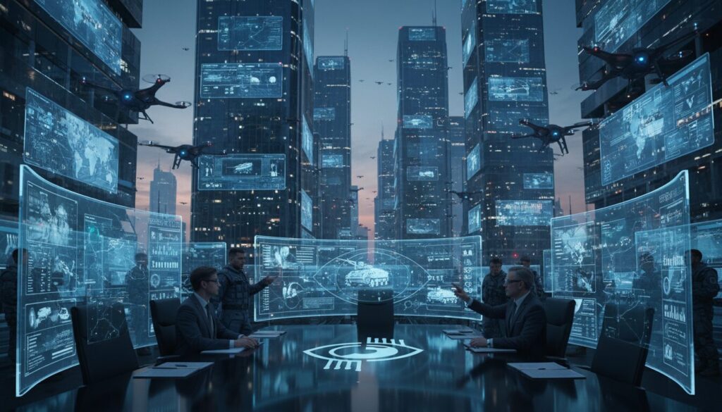 analyse des implications de la surveillance par les géants de la tech et leur rôle croissant dans le développement d'un nouveau complexe militaro-industriel, entre enjeux sécuritaires et éthiques.