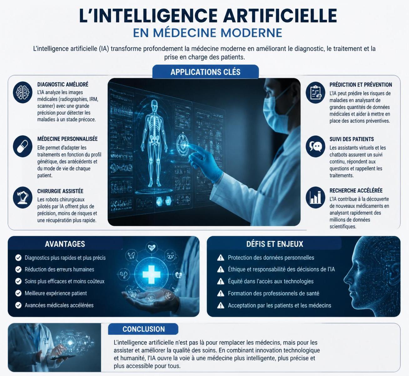 découvrez comment l'intelligence artificielle transforme la médecine, entre opportunités révolutionnaires et défis éthiques incontournables, pour un avenir médical plus sûr et innovant.