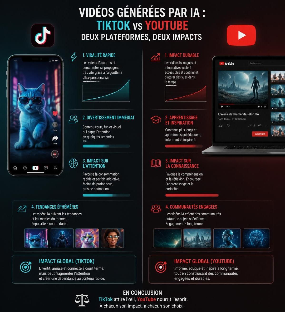 analyse comparative de l'impact des contenus générés par ia sur youtube et tiktok, révélant que youtube est moins affecté avec seulement 59% d'atteinte.