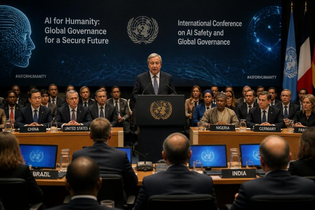 le secrétaire général de l’onu appelle à une régulation internationale de l’intelligence artificielle pour garantir un avenir sûr et responsable pour l’humanité.