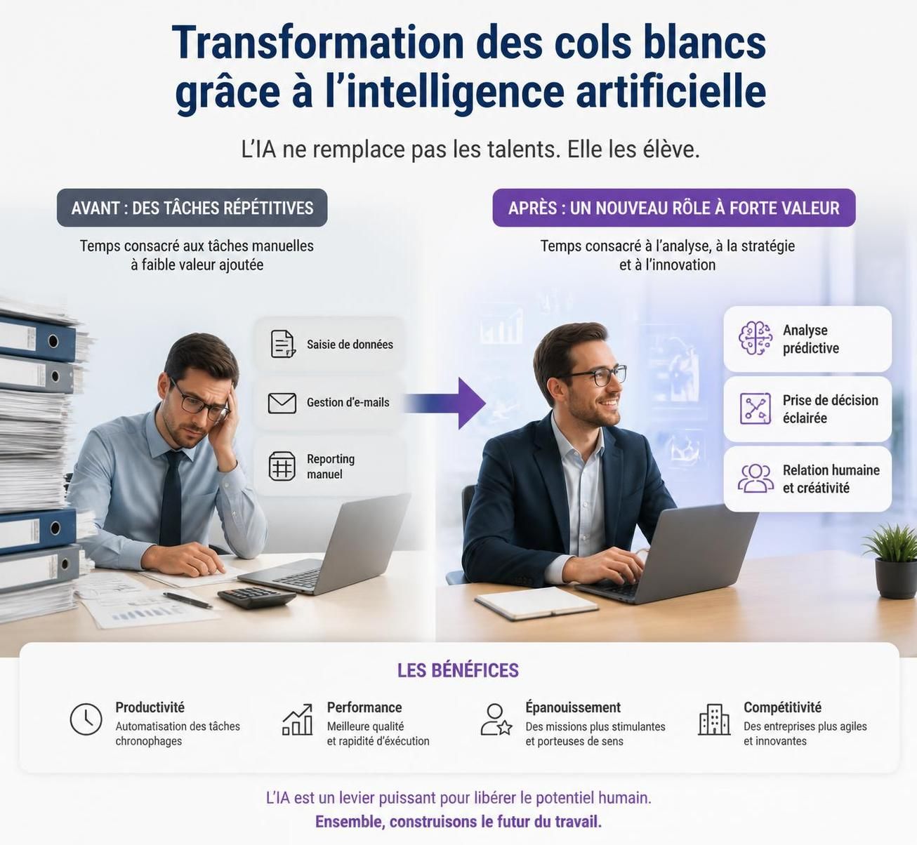 découvrez comment l'intelligence artificielle révolutionne le quotidien des cols blancs en automatisant les tâches, améliorant la productivité et transformant les environnements de travail.