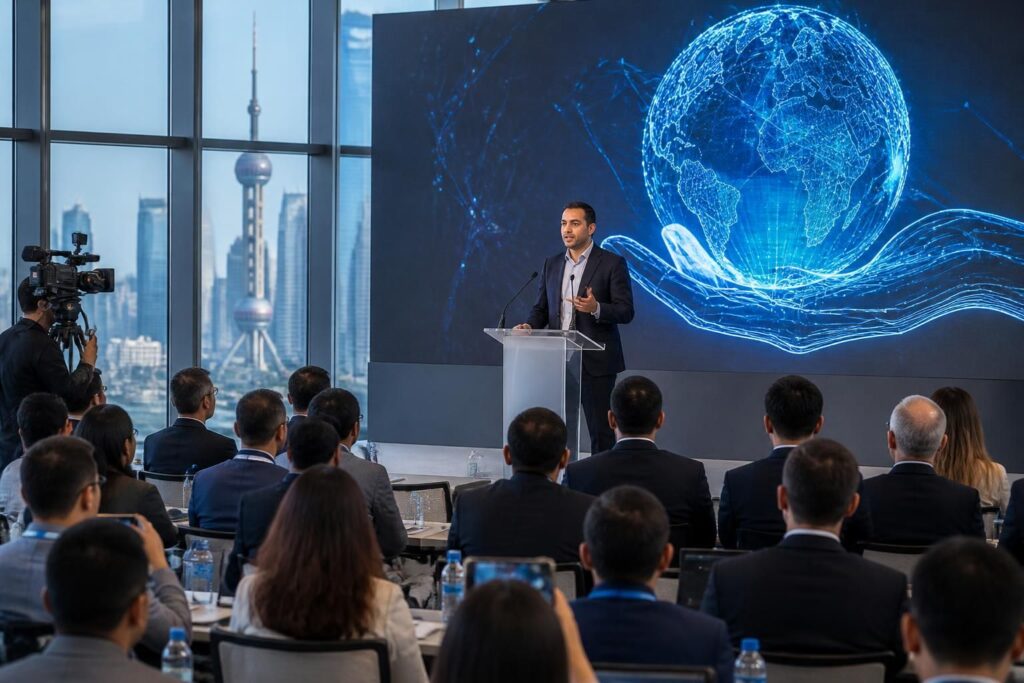 au sommet mondial de shanghai, sofiene hemissi plaide pour une gouvernance éthique et responsable de l'intelligence artificielle, promouvant des pratiques durables et transparentes.
