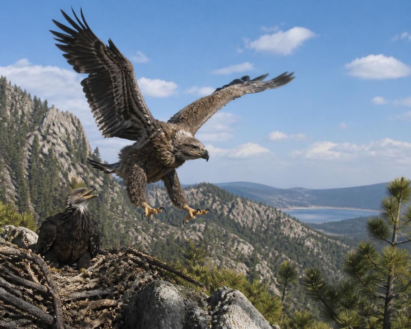 découvrez le départ des aiglons sandy et luna de la vallée de big bear, tandis que shadow savoure une pause bien méritée dans son habitat naturel.
