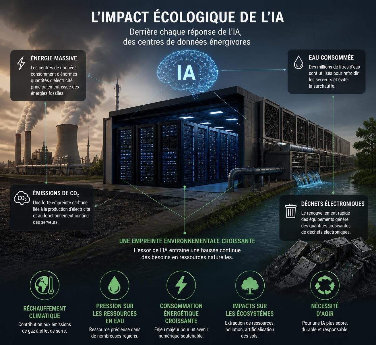 découvrez comment l'intelligence artificielle pourrait multiplier son impact écologique par sept d'ici cinq ans et les défis environnementaux majeurs qui en résultent.