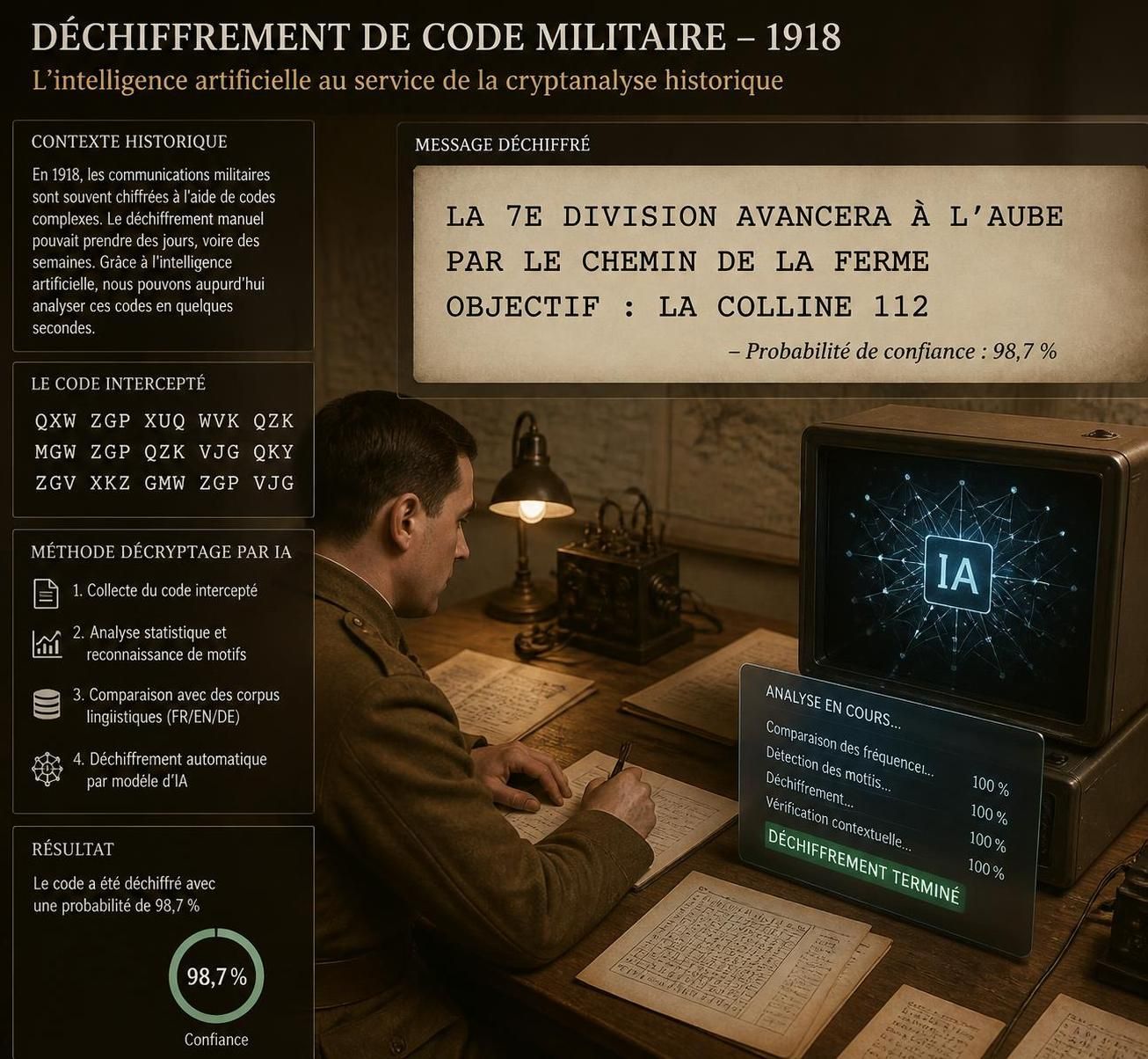 découvrez comment une intelligence artificielle a réussi à déchiffrer un code militaire mystérieux datant de 1918, révélant des secrets historiques longtemps enfouis.