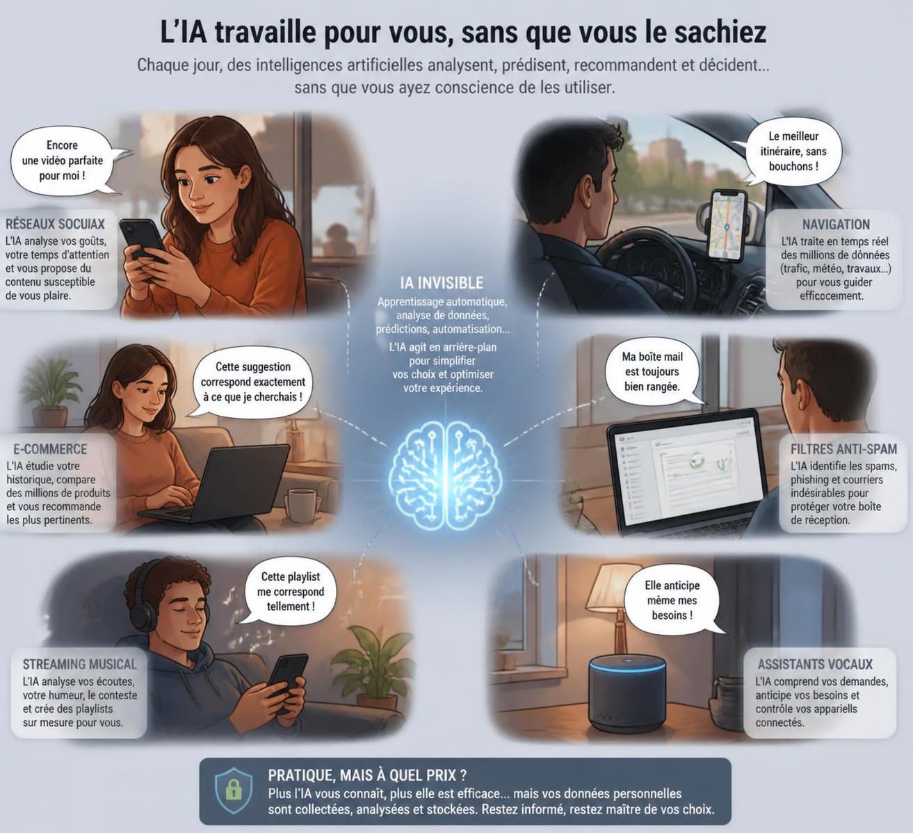 découvrez comment l'intelligence artificielle est utilisée au quotidien, souvent sans que nous en soyons pleinement conscients, et explorez son impact sur nos habitudes.