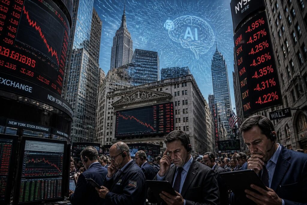 wall street recule après des gains, freinée par les craintes liées aux développements et impacts de l'intelligence artificielle sur le marché.